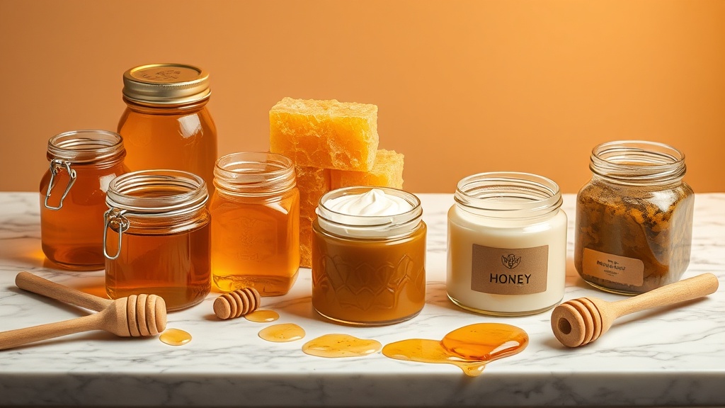 Different honey types including raw, creamed, honeycomb, and infused varieties