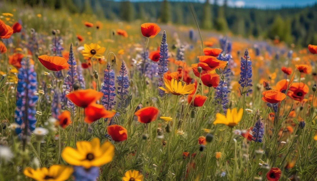 Colorful wildflower meadow with poppies, daisies, and pollinators